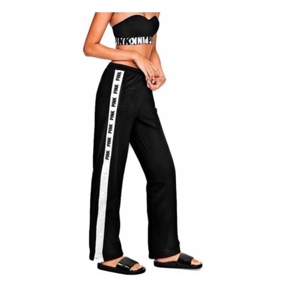 Pink By Victorias Secret Wide Leg Snap Track  Pants Black Xsmall.NWT - Picture 1 of 12